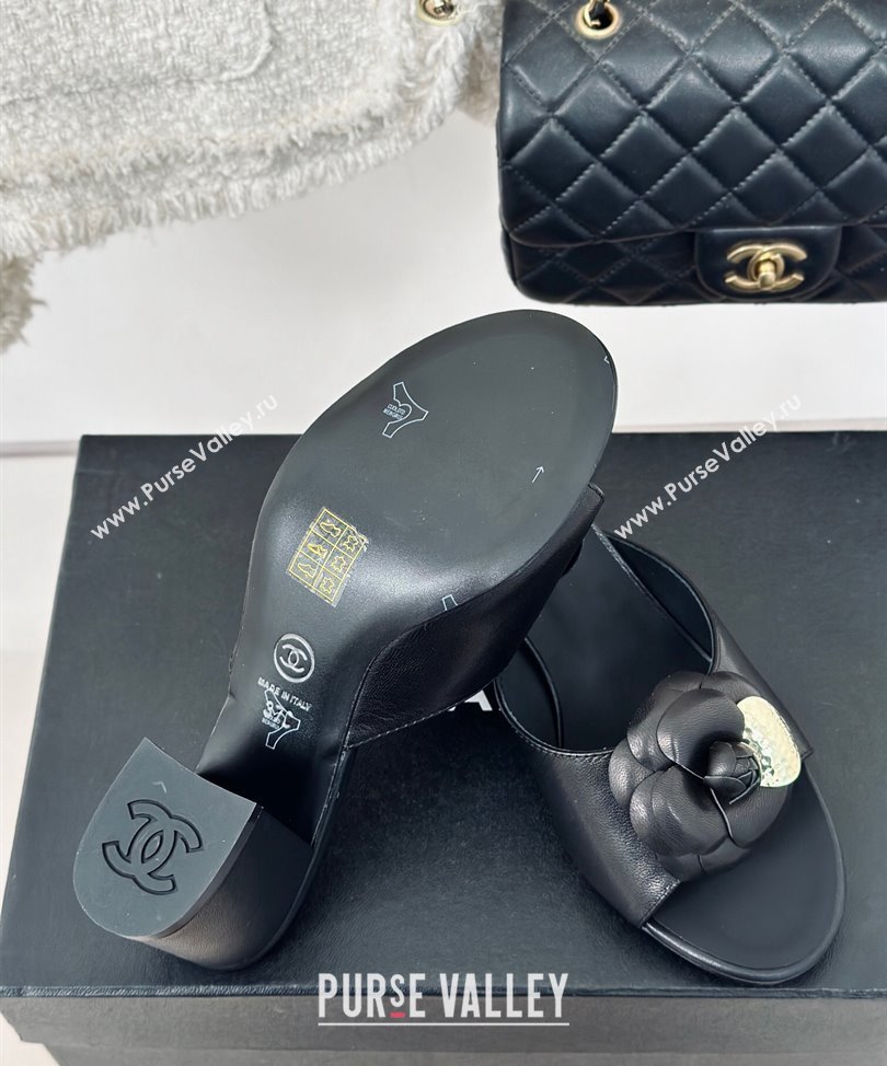 Chanel Heel 6.5cm Lambskin Mules with Camellia Black 2024 (modeng-24030408)