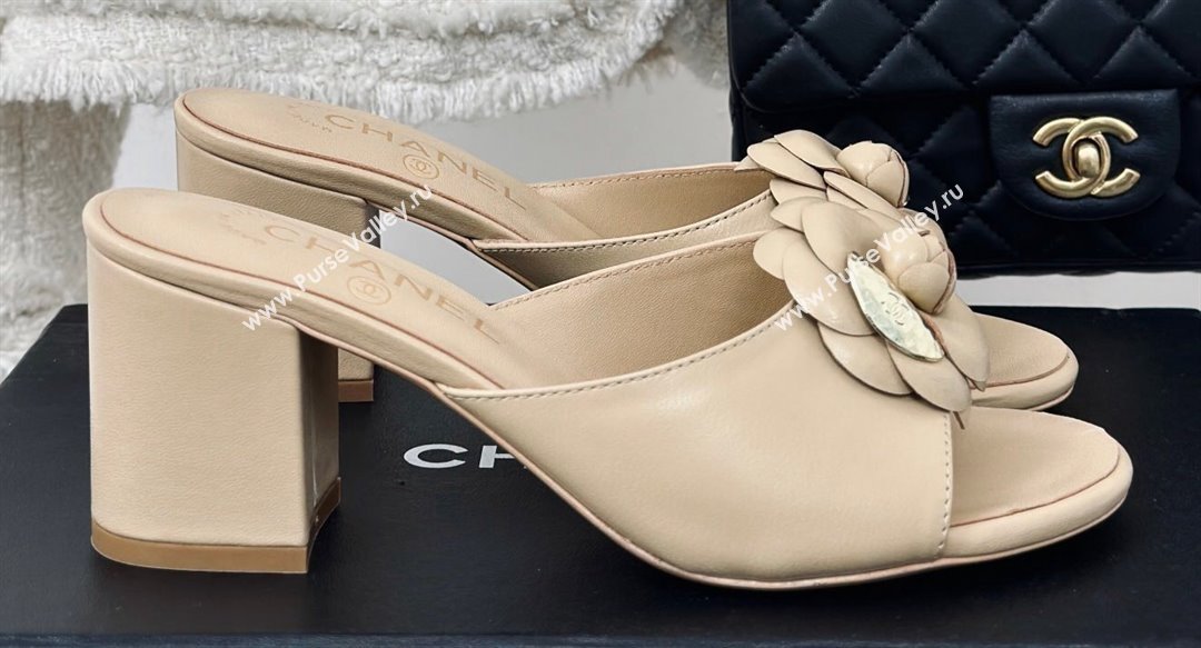 Chanel Heel 6.5cm Lambskin Mules with Camellia Beige 2024 (modeng-24030410)