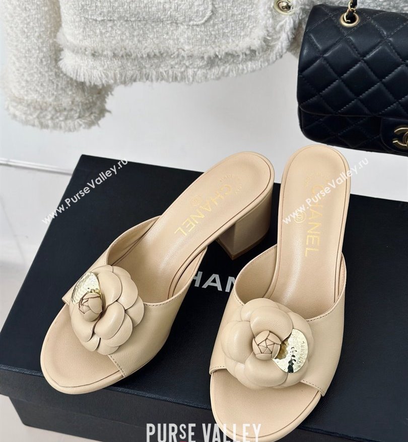 Chanel Heel 6.5cm Lambskin Mules with Camellia Beige 2024 (modeng-24030410)