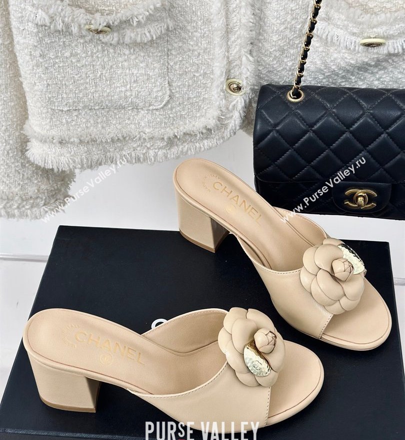 Chanel Heel 6.5cm Lambskin Mules with Camellia Beige 2024 (modeng-24030410)