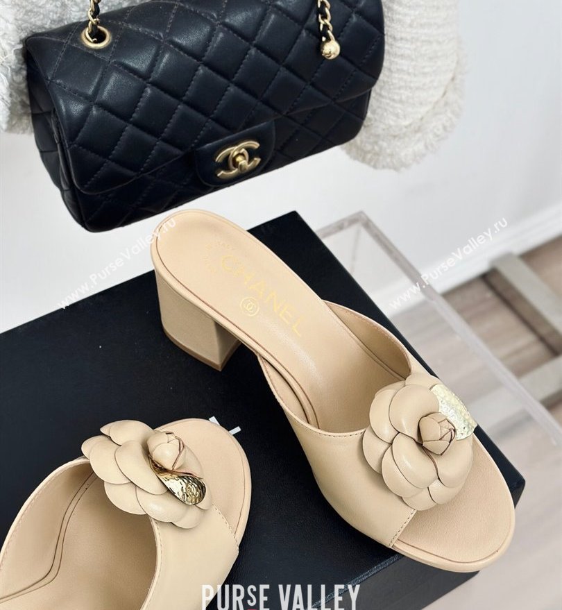 Chanel Heel 6.5cm Lambskin Mules with Camellia Beige 2024 (modeng-24030410)