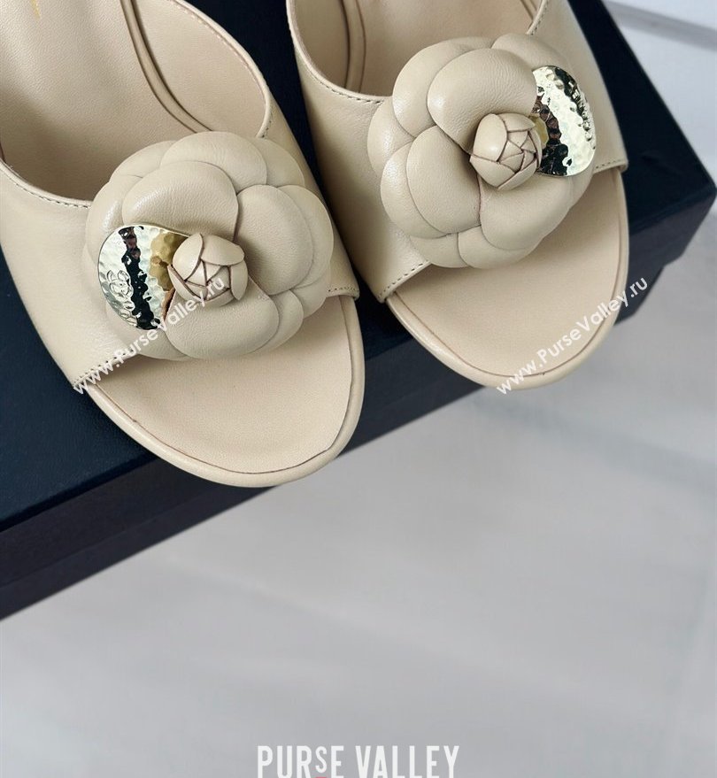 Chanel Heel 6.5cm Lambskin Mules with Camellia Beige 2024 (modeng-24030410)