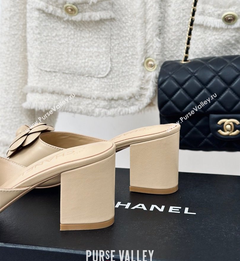 Chanel Heel 6.5cm Lambskin Mules with Camellia Beige 2024 (modeng-24030410)