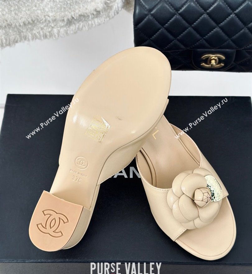 Chanel Heel 6.5cm Lambskin Mules with Camellia Beige 2024 (modeng-24030410)