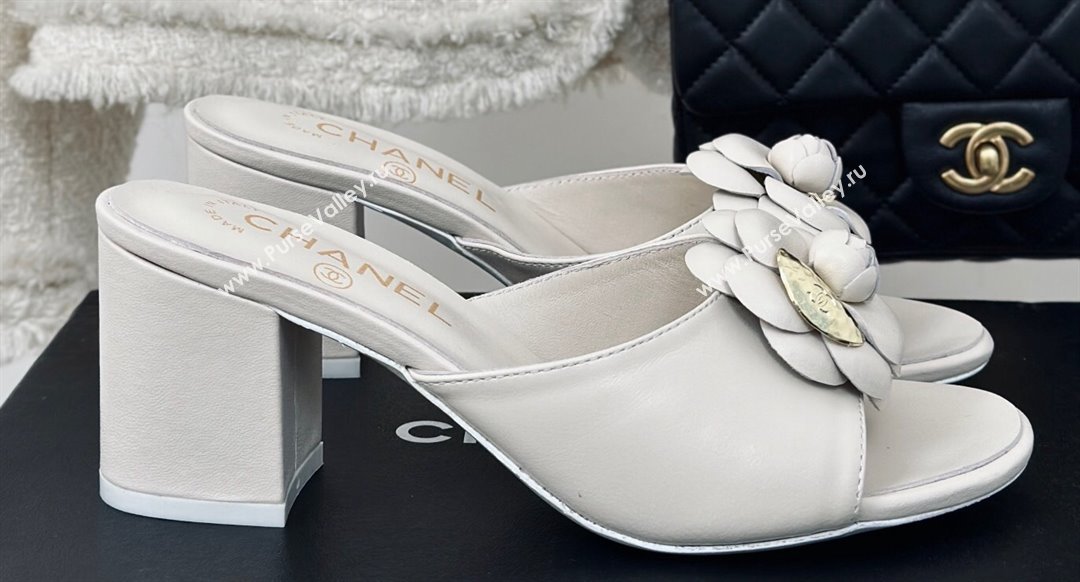 Chanel Heel 6.5cm Lambskin Mules with Camellia White 2024 (modeng-24030409)