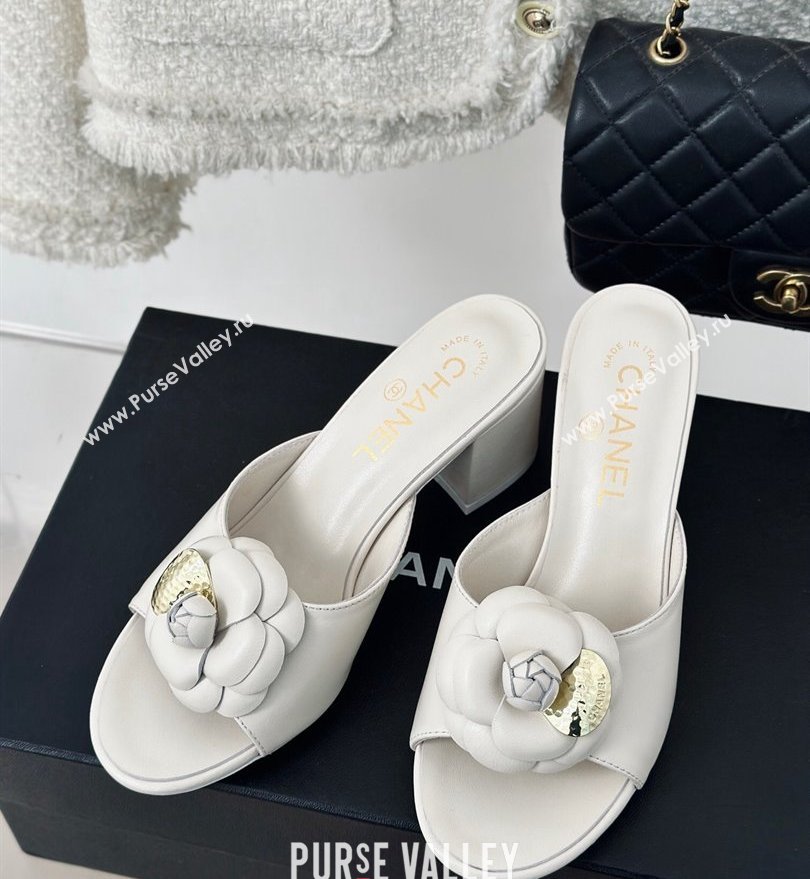 Chanel Heel 6.5cm Lambskin Mules with Camellia White 2024 (modeng-24030409)