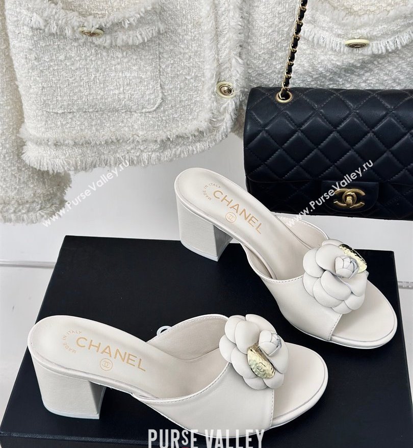 Chanel Heel 6.5cm Lambskin Mules with Camellia White 2024 (modeng-24030409)