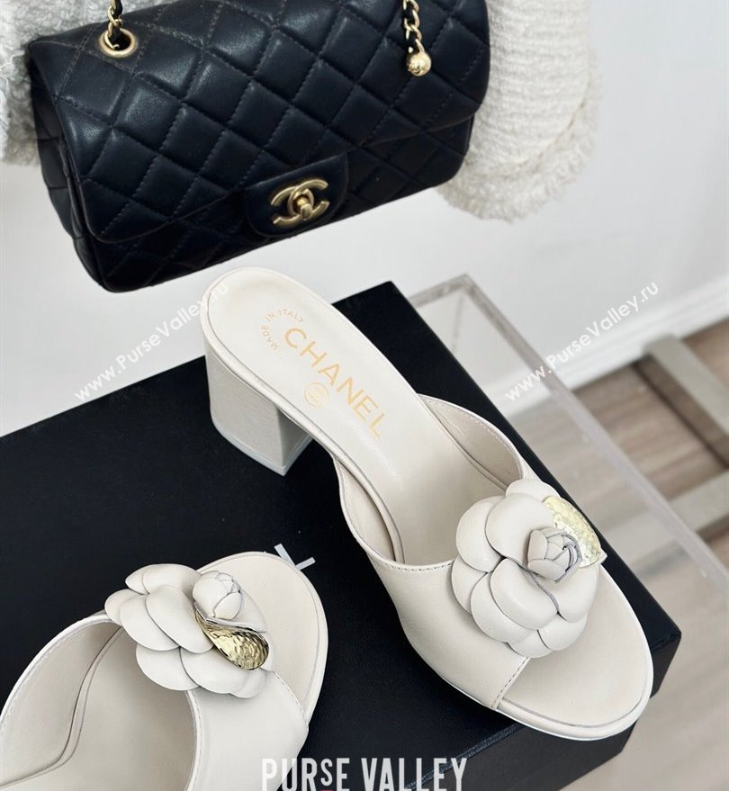 Chanel Heel 6.5cm Lambskin Mules with Camellia White 2024 (modeng-24030409)