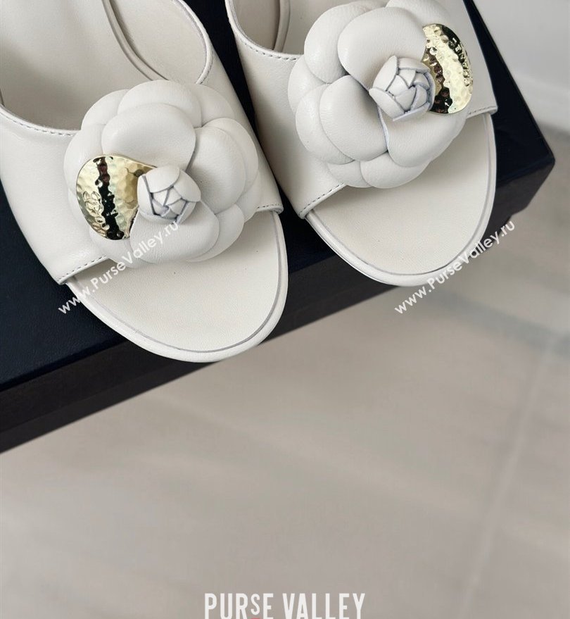 Chanel Heel 6.5cm Lambskin Mules with Camellia White 2024 (modeng-24030409)
