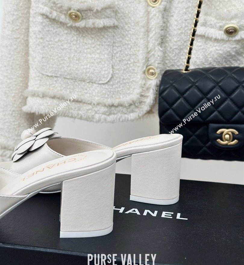 Chanel Heel 6.5cm Lambskin Mules with Camellia White 2024 (modeng-24030409)