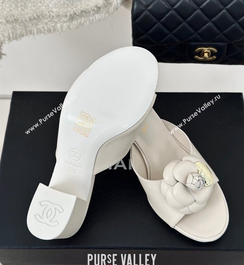 Chanel Heel 6.5cm Lambskin Mules with Camellia White 2024 (modeng-24030409)