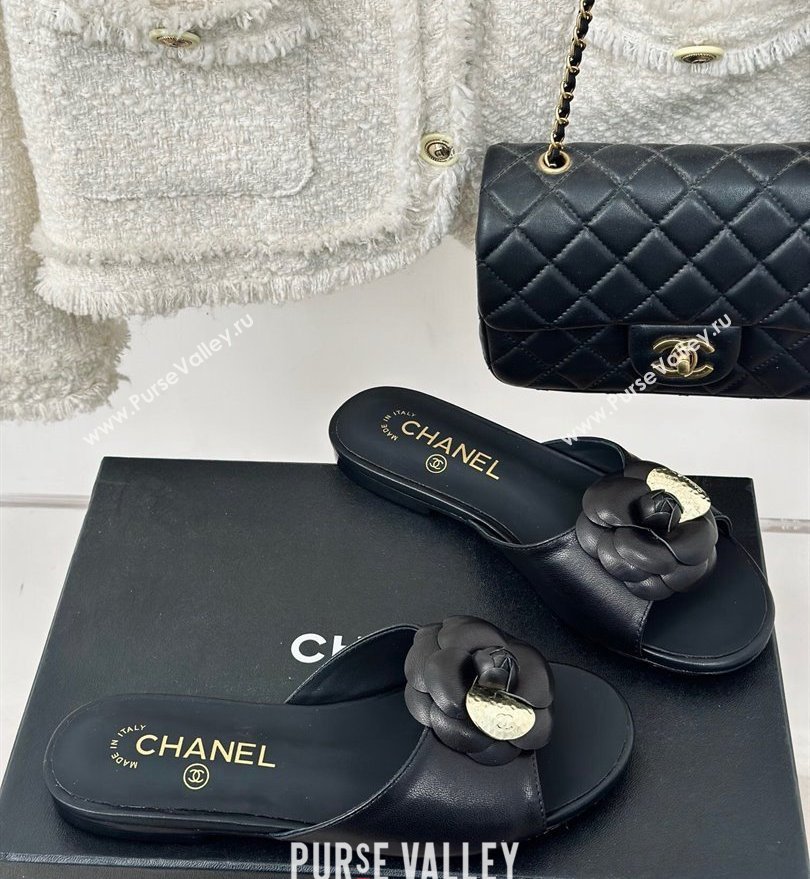 Chanel Heel 1.5cm Lambskin Mules with Camellia Black 2024 (modeng-24030411)