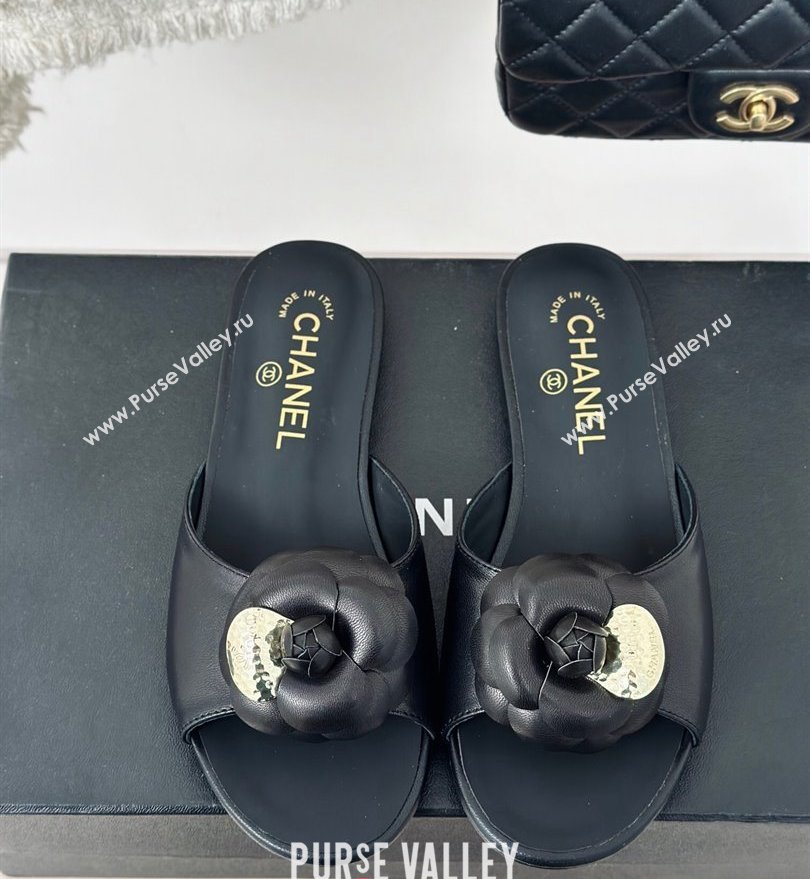 Chanel Heel 1.5cm Lambskin Mules with Camellia Black 2024 (modeng-24030411)