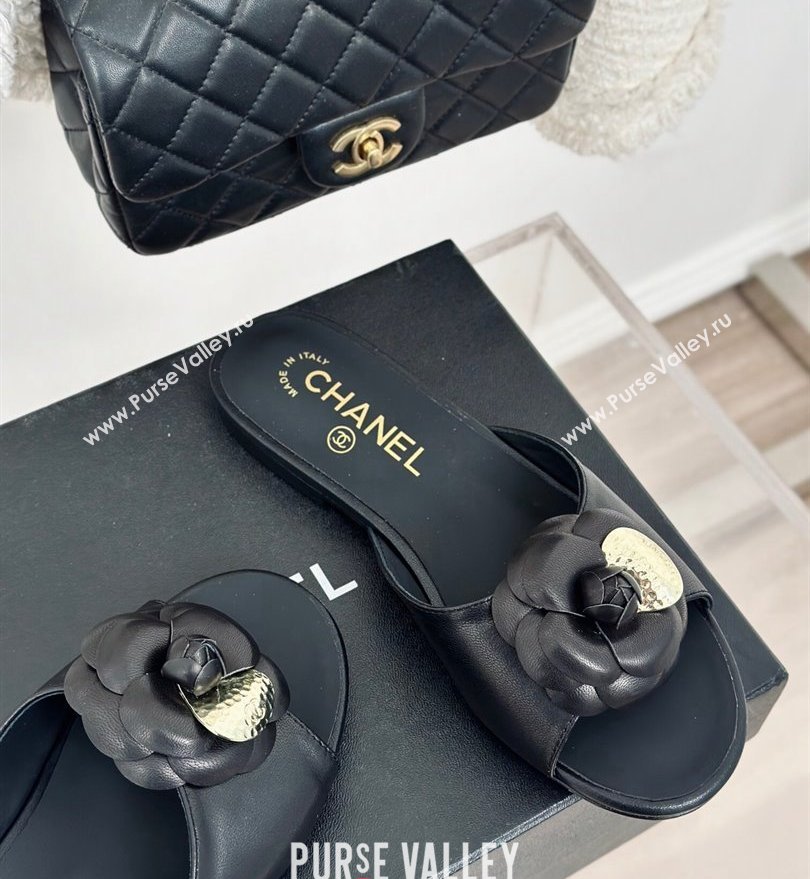 Chanel Heel 1.5cm Lambskin Mules with Camellia Black 2024 (modeng-24030411)