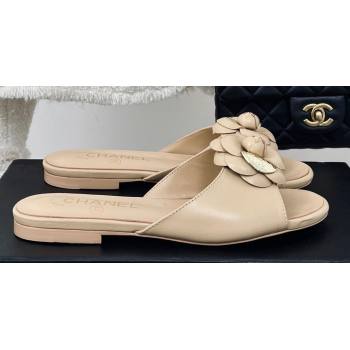 Chanel Heel 1.5cm Lambskin Mules with Camellia Beige 2024 (modeng-24030413)