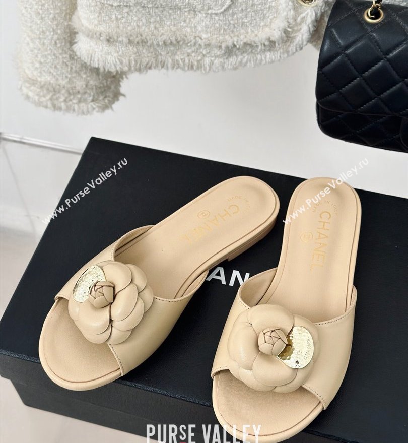 Chanel Heel 1.5cm Lambskin Mules with Camellia Beige 2024 (modeng-24030413)