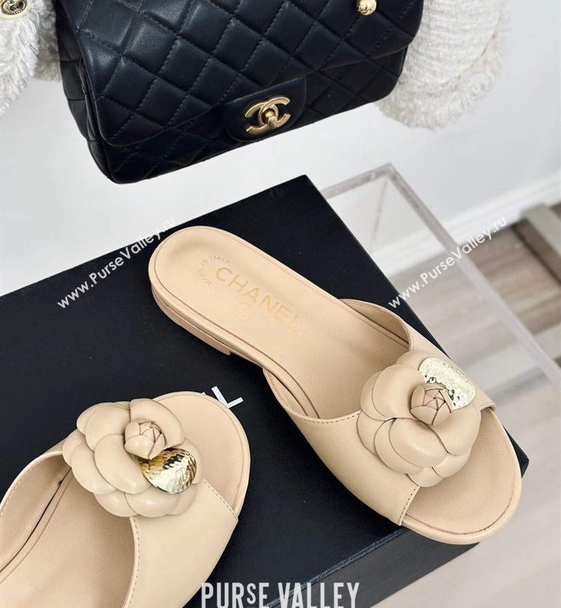 Chanel Heel 1.5cm Lambskin Mules with Camellia Beige 2024 (modeng-24030413)