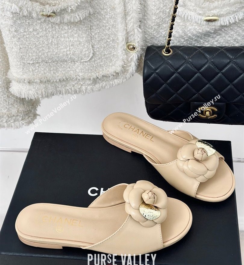 Chanel Heel 1.5cm Lambskin Mules with Camellia Beige 2024 (modeng-24030413)