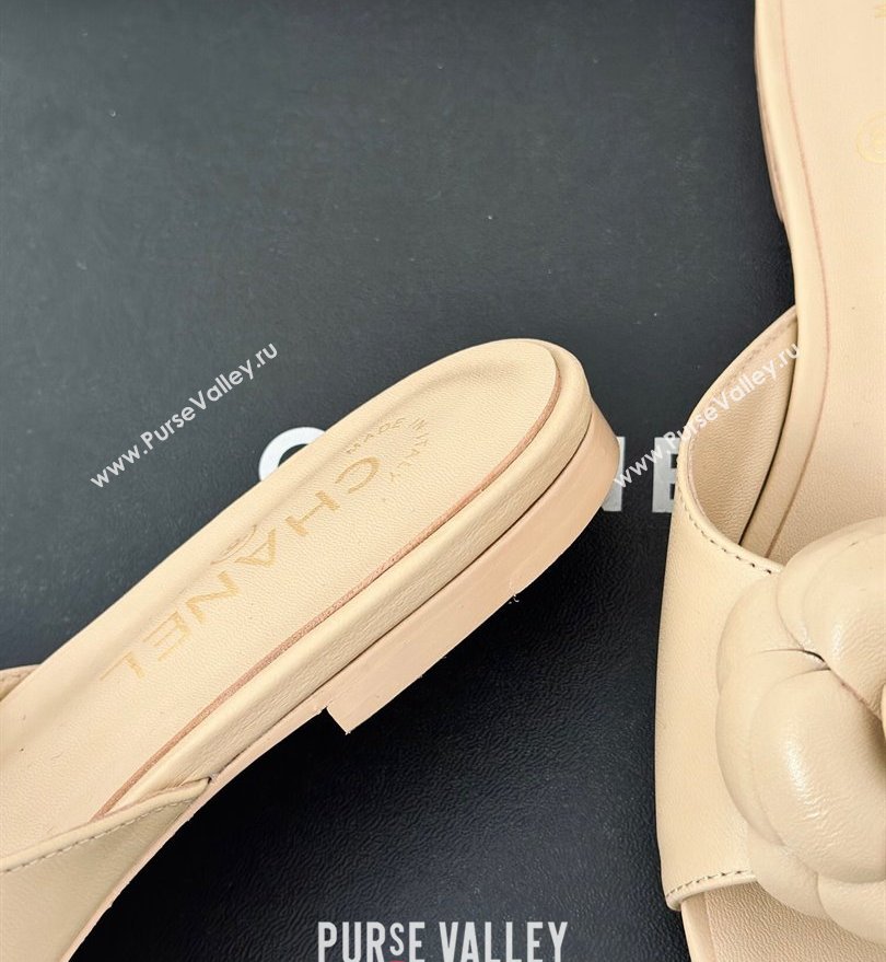 Chanel Heel 1.5cm Lambskin Mules with Camellia Beige 2024 (modeng-24030413)