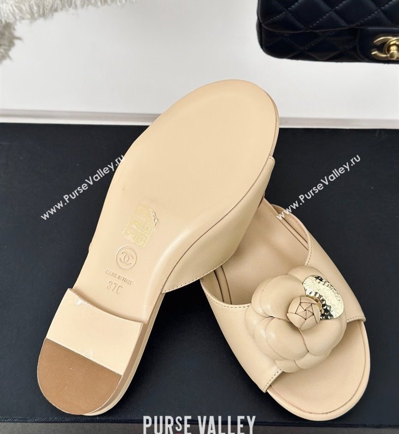 Chanel Heel 1.5cm Lambskin Mules with Camellia Beige 2024 (modeng-24030413)