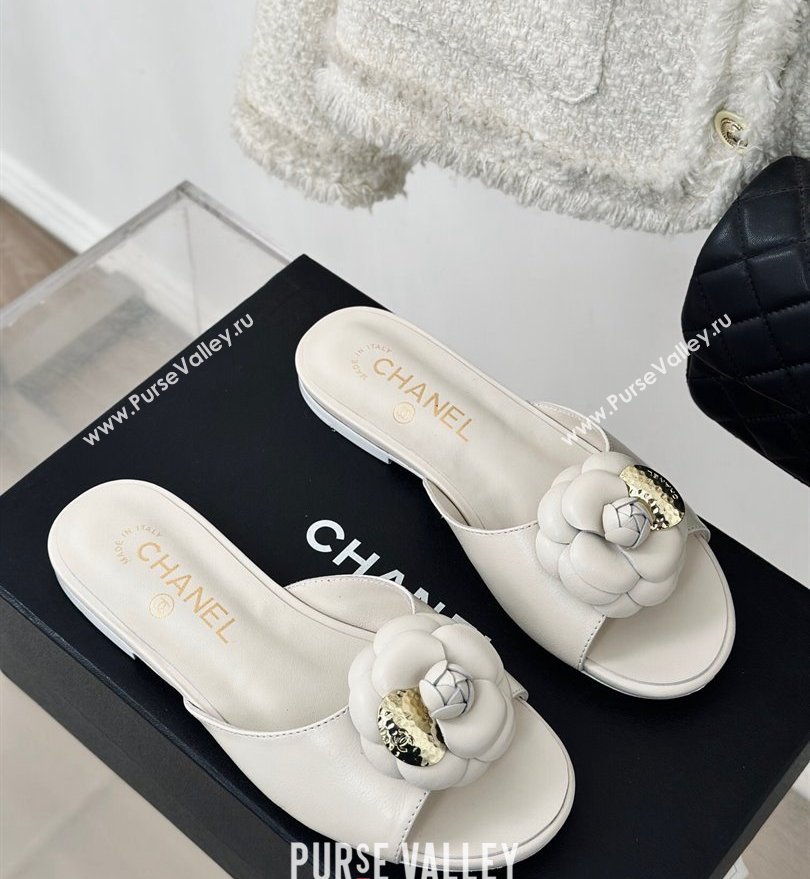 Chanel Heel 1.5cm Lambskin Mules with Camellia White 2024 (modeng-24030412)