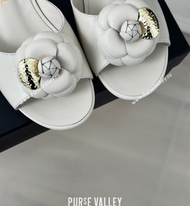 Chanel Heel 1.5cm Lambskin Mules with Camellia White 2024 (modeng-24030412)