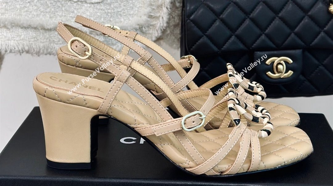 Chanel Heel 6cm Calfskin Quilting CC Logo Sandals Beige 2024 (modeng-24030508)