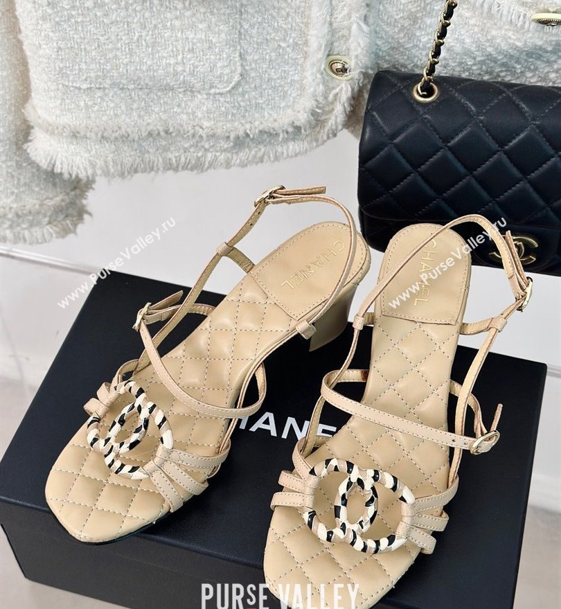 Chanel Heel 6cm Calfskin Quilting CC Logo Sandals Beige 2024 (modeng-24030508)