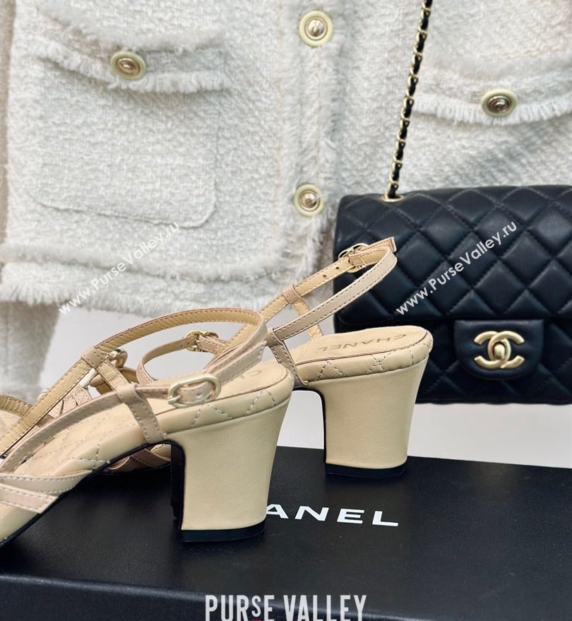 Chanel Heel 6cm Calfskin Quilting CC Logo Sandals Beige 2024 (modeng-24030508)