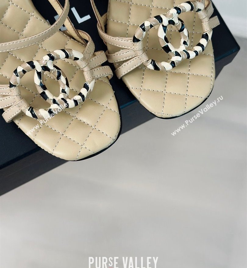 Chanel Heel 6cm Calfskin Quilting CC Logo Sandals Beige 2024 (modeng-24030508)