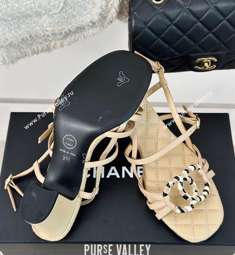 Chanel Heel 6cm Calfskin Quilting CC Logo Sandals Beige 2024 (modeng-24030508)