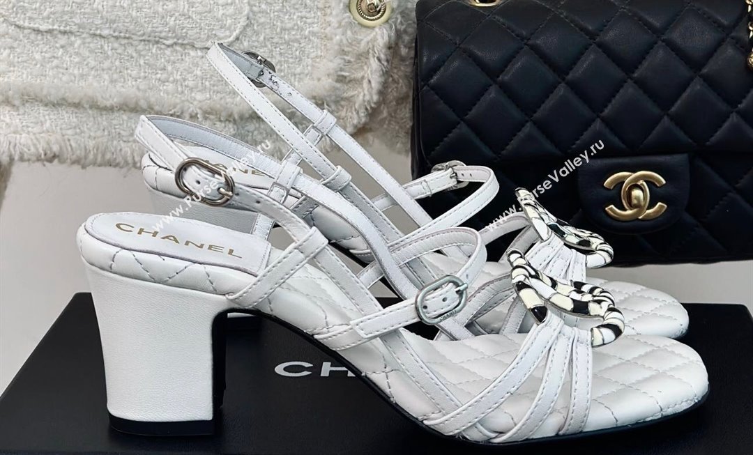 Chanel Heel 6cm Calfskin Quilting CC Logo Sandals White 2024 (modeng-24030507)