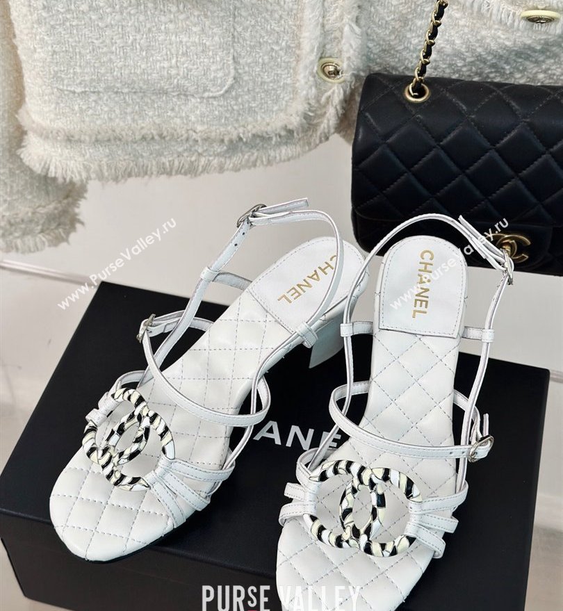 Chanel Heel 6cm Calfskin Quilting CC Logo Sandals White 2024 (modeng-24030507)