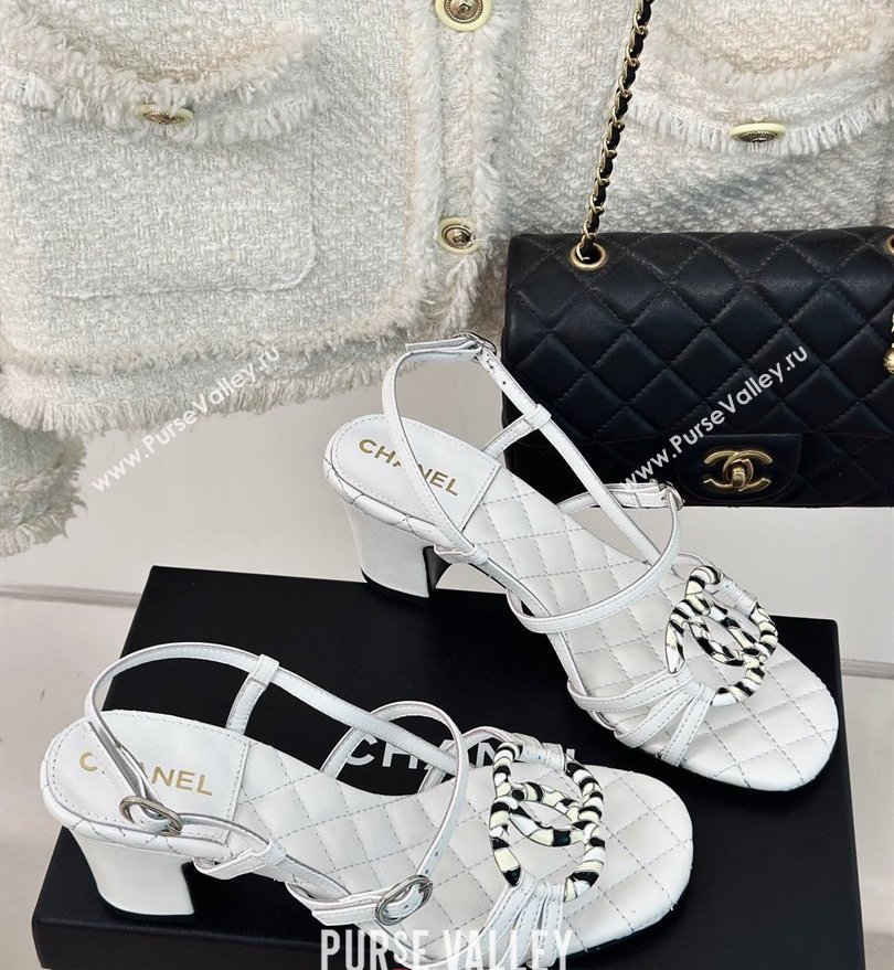 Chanel Heel 6cm Calfskin Quilting CC Logo Sandals White 2024 (modeng-24030507)