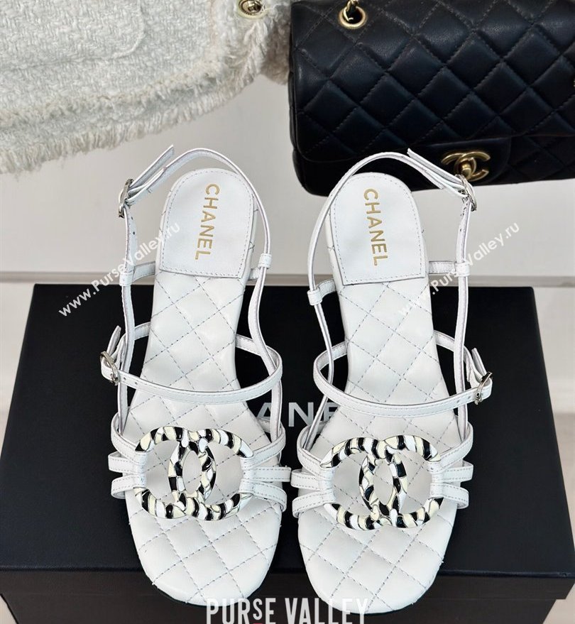 Chanel Heel 6cm Calfskin Quilting CC Logo Sandals White 2024 (modeng-24030507)