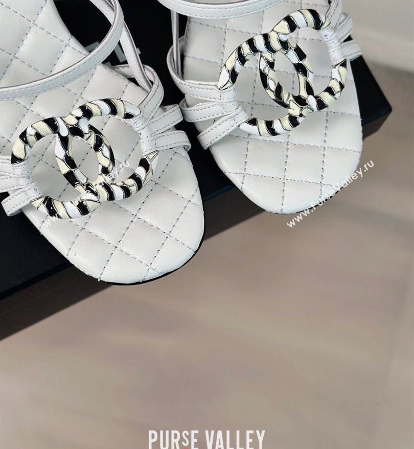 Chanel Heel 6cm Calfskin Quilting CC Logo Sandals White 2024 (modeng-24030507)