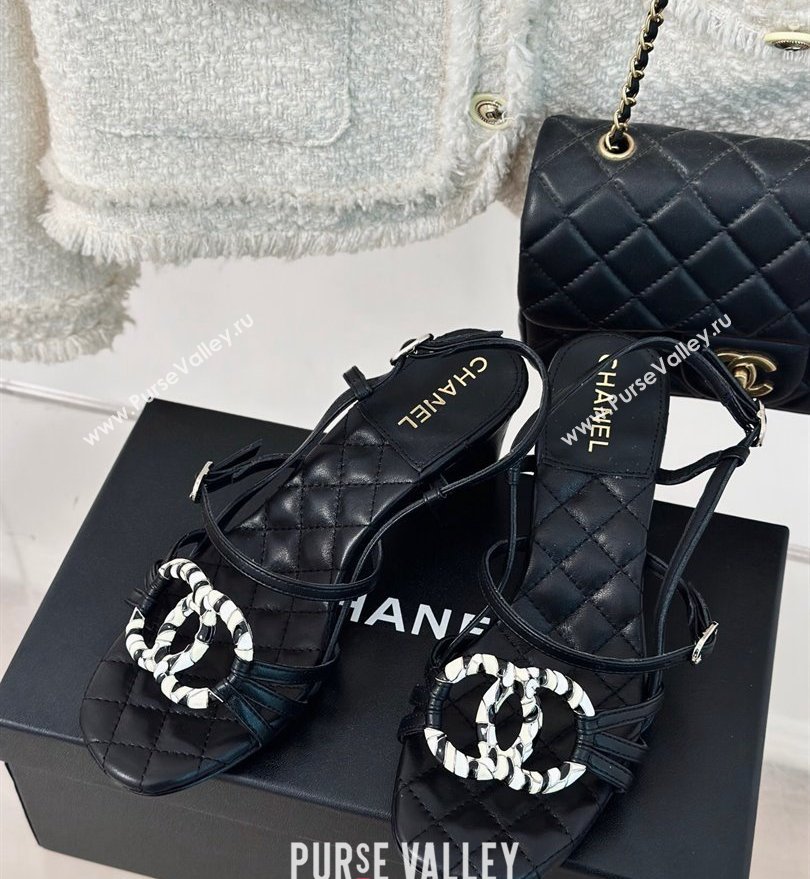 Chanel Heel 6cm Calfskin Quilting CC Logo Sandals Black 2024 (modeng-24030506)