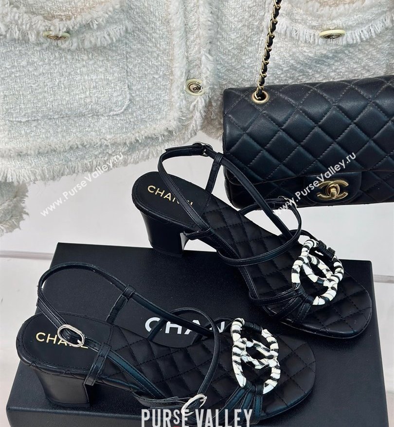 Chanel Heel 6cm Calfskin Quilting CC Logo Sandals Black 2024 (modeng-24030506)