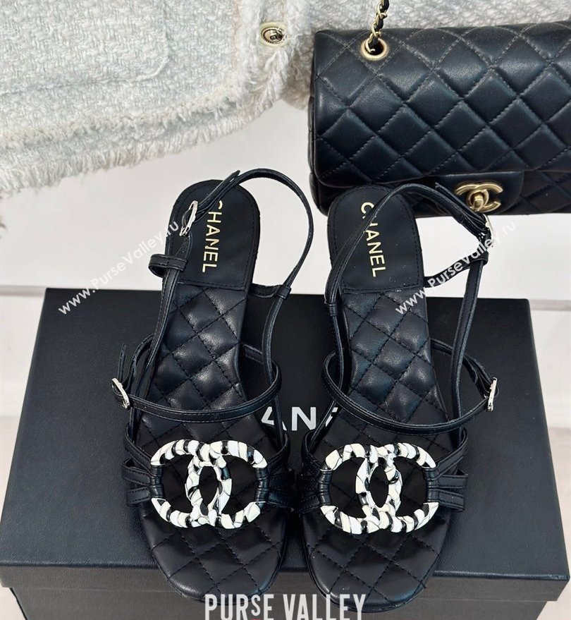 Chanel Heel 6cm Calfskin Quilting CC Logo Sandals Black 2024 (modeng-24030506)