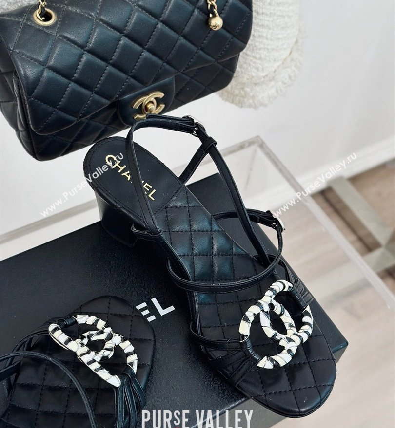 Chanel Heel 6cm Calfskin Quilting CC Logo Sandals Black 2024 (modeng-24030506)