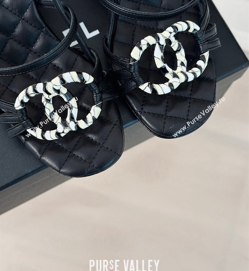 Chanel Heel 6cm Calfskin Quilting CC Logo Sandals Black 2024 (modeng-24030506)