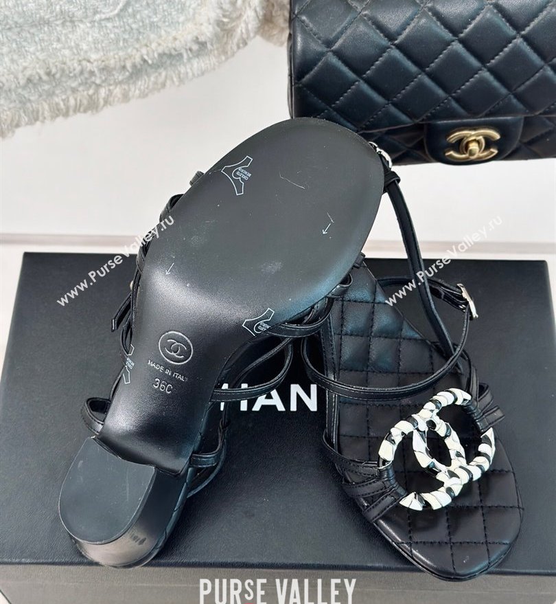 Chanel Heel 6cm Calfskin Quilting CC Logo Sandals Black 2024 (modeng-24030506)