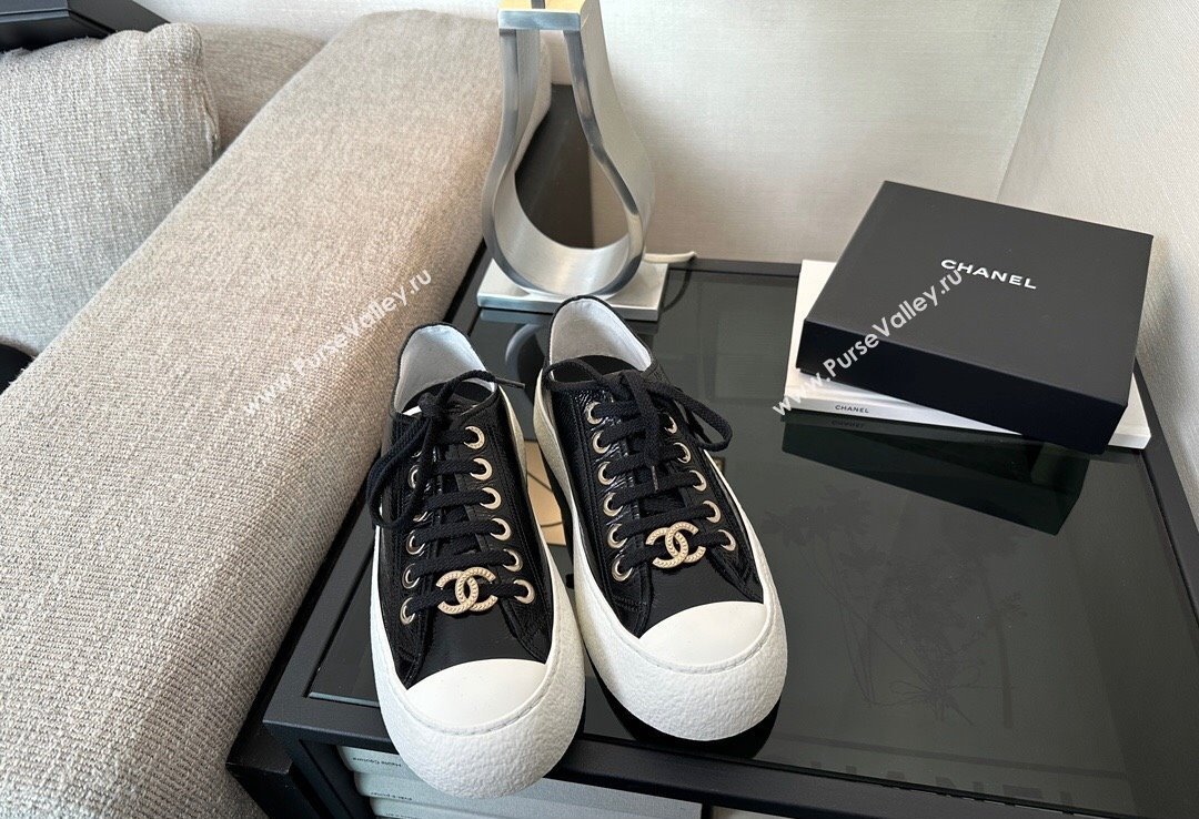 Chanel CC Logo Patent Calfskin Low-top Sneakers G45561 Black 2024 (xo-24030505)