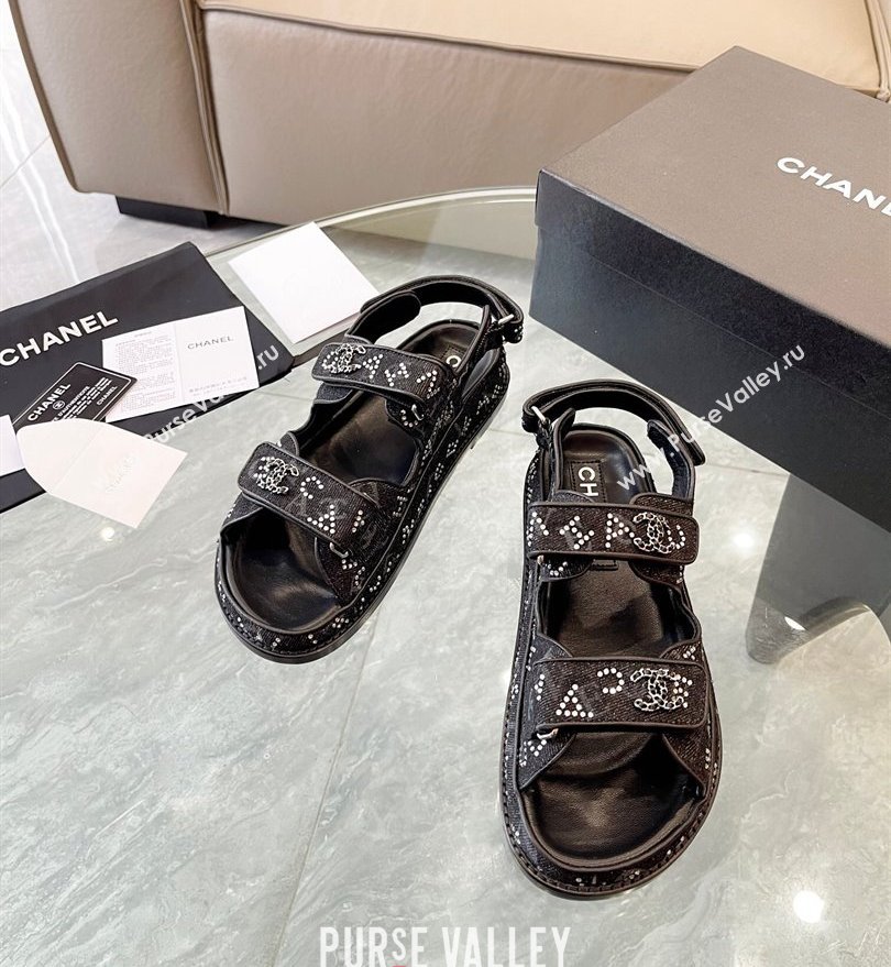 Chanel CC Logo Beach Sandals Crystal Black Spring 2024 (kaola-24030501)