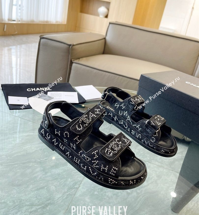 Chanel CC Logo Beach Sandals Crystal Black Spring 2024 (kaola-24030501)