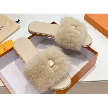 Louis Vuitton Mink Fur Lock It Flat Mules Beige 2024 (kaola-24030617)