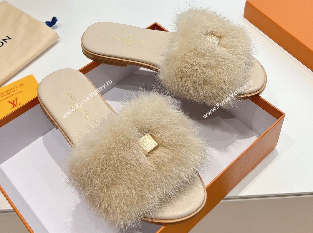 Louis Vuitton Mink Fur Lock It Flat Mules Beige 2024 (kaola-24030617)