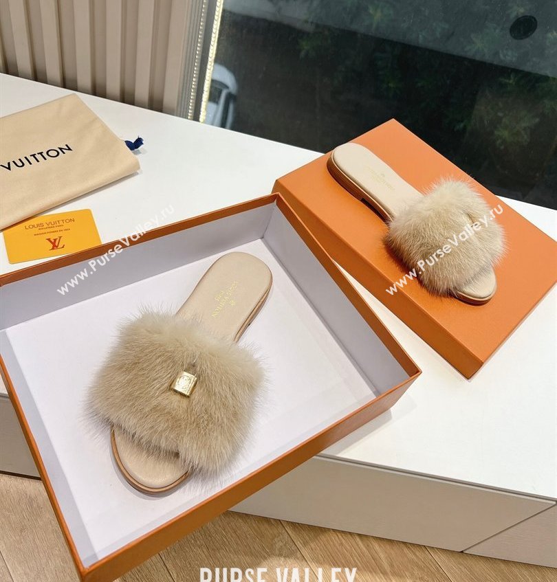 Louis Vuitton Mink Fur Lock It Flat Mules Beige 2024 (kaola-24030617)