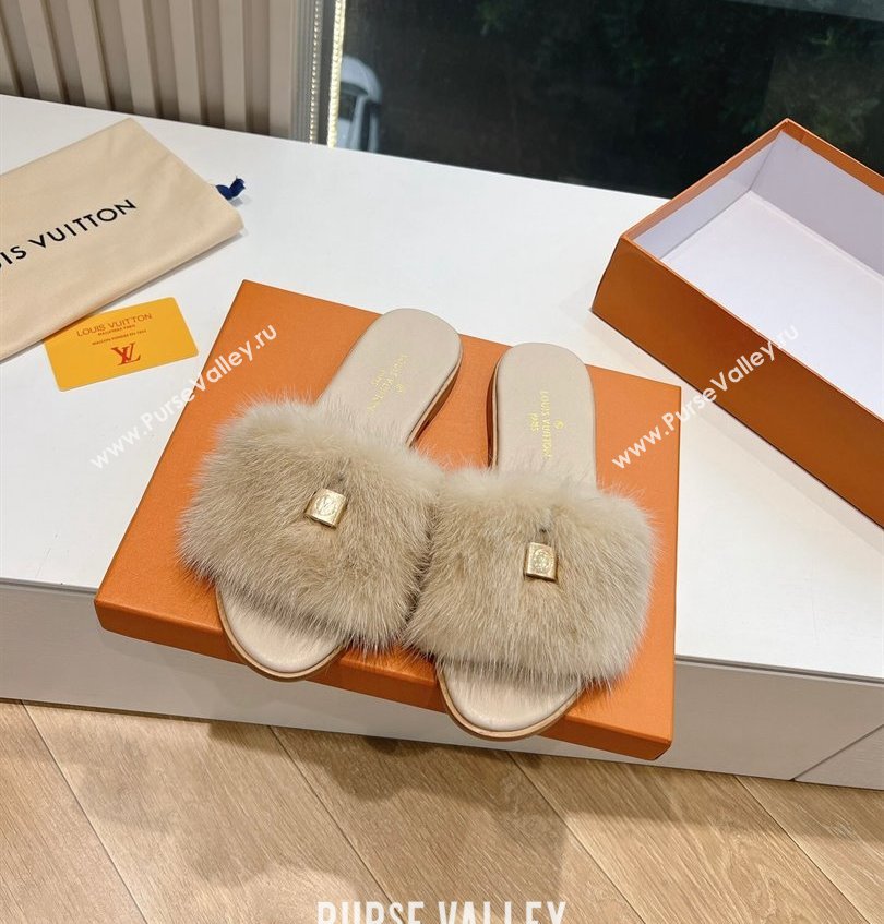 Louis Vuitton Mink Fur Lock It Flat Mules Beige 2024 (kaola-24030617)