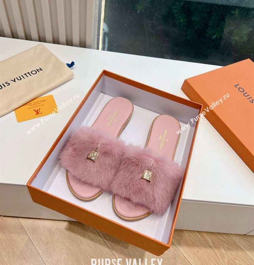 Louis Vuitton Mink Fur Lock It Flat Mules Pink 2024 (kaola-24030618)